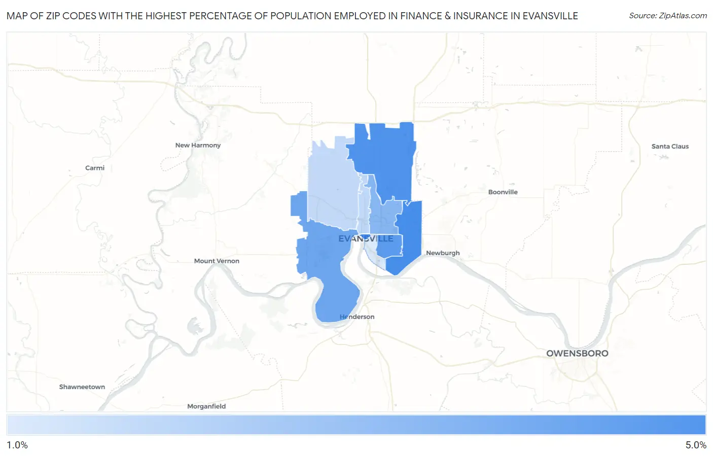 Zip Codes with the Highest Percentage of Population Employed in Finance & Insurance in Evansville Map