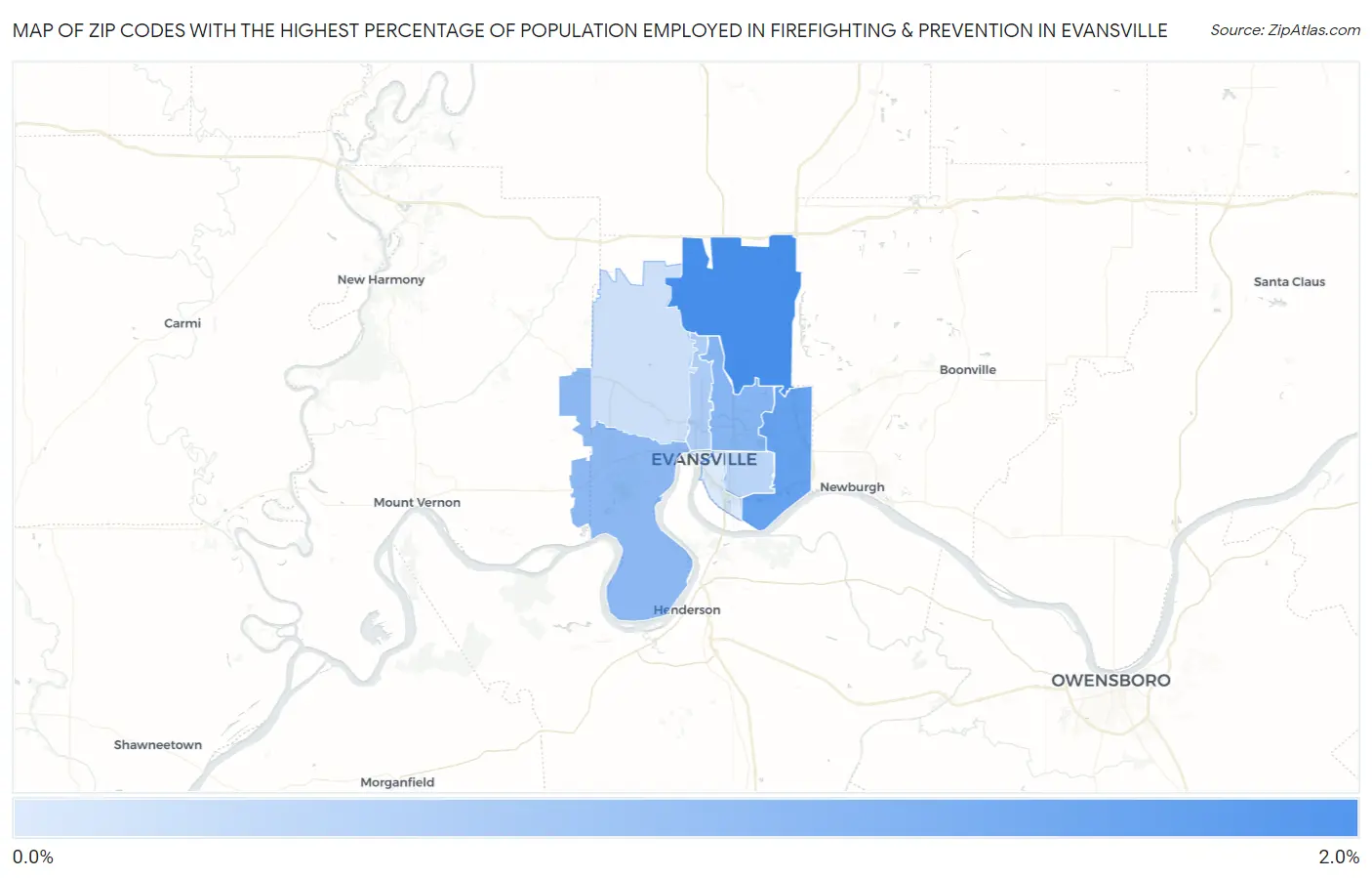 Zip Codes with the Highest Percentage of Population Employed in Firefighting & Prevention in Evansville Map