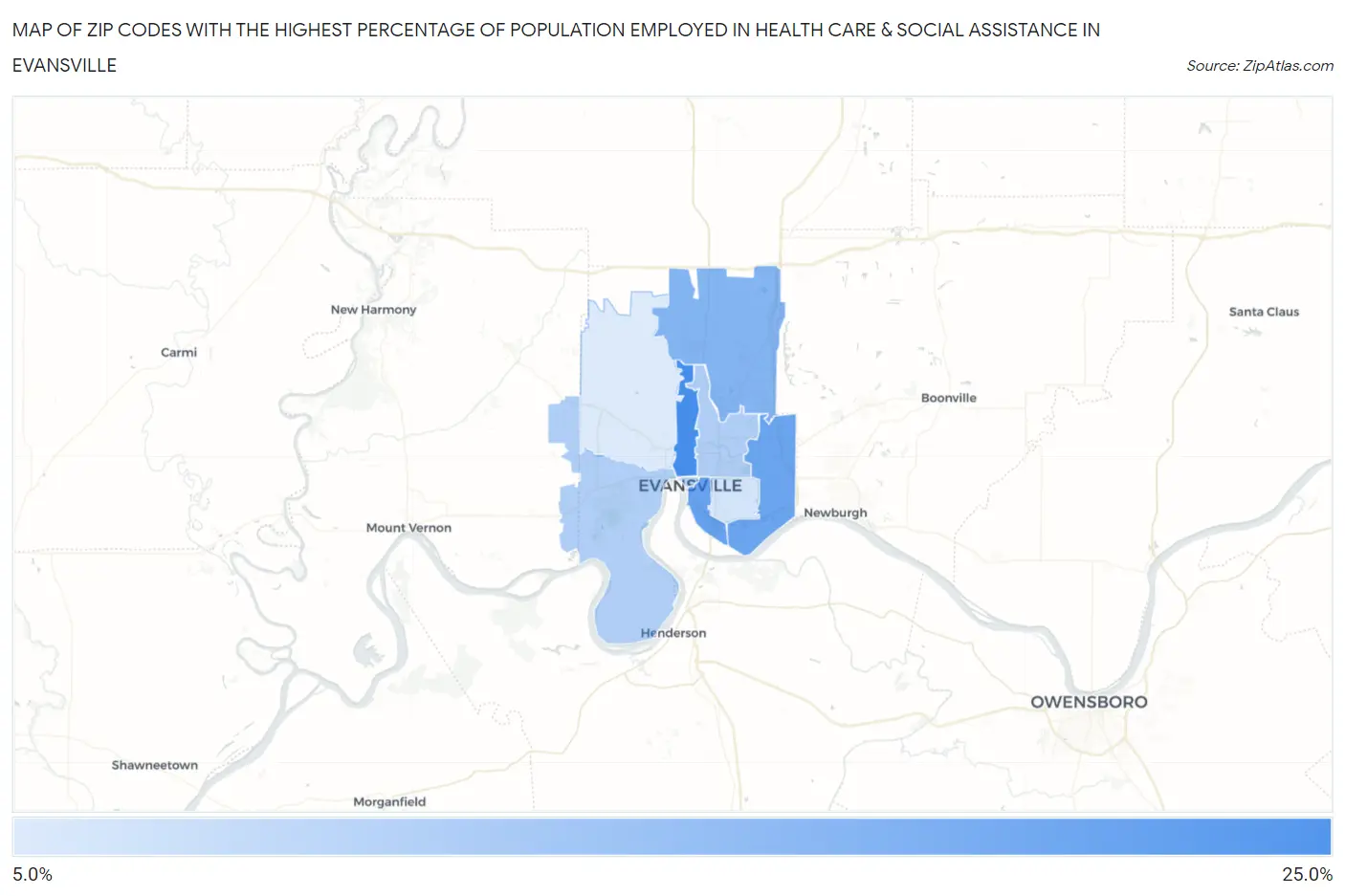 Zip Codes with the Highest Percentage of Population Employed in Health Care & Social Assistance in Evansville Map
