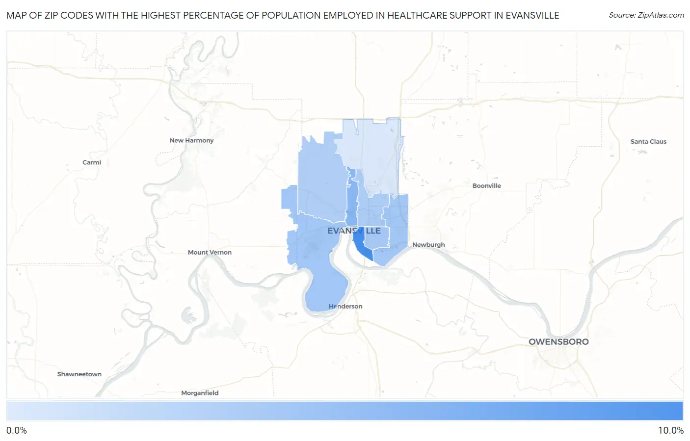 Zip Codes with the Highest Percentage of Population Employed in Healthcare Support in Evansville Map