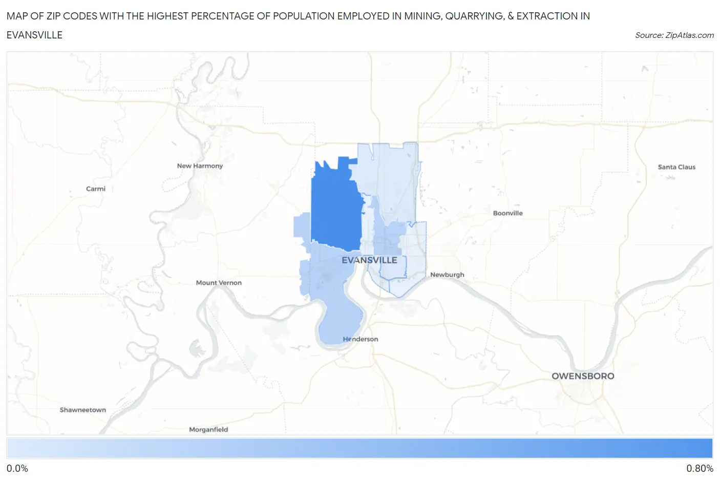 Zip Codes with the Highest Percentage of Population Employed in Mining, Quarrying, & Extraction in Evansville Map