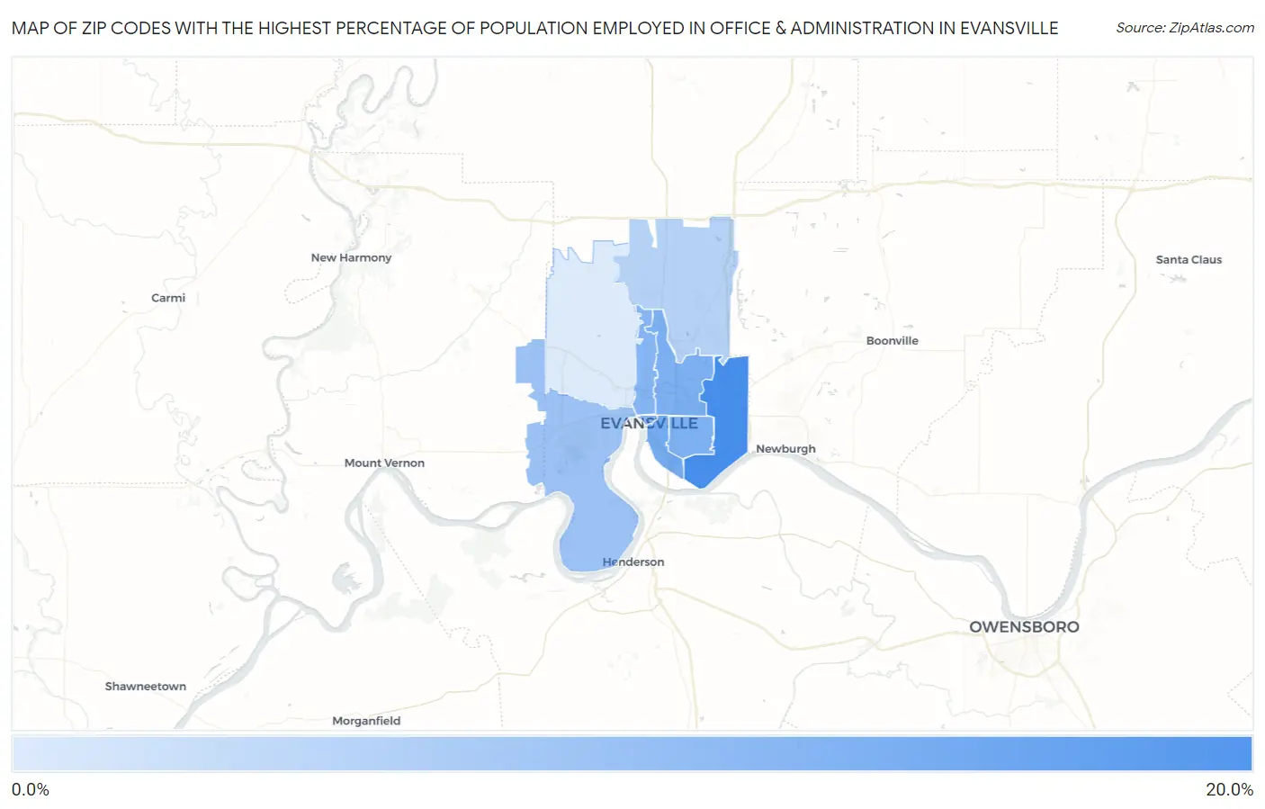 Zip Codes with the Highest Percentage of Population Employed in Office & Administration in Evansville Map