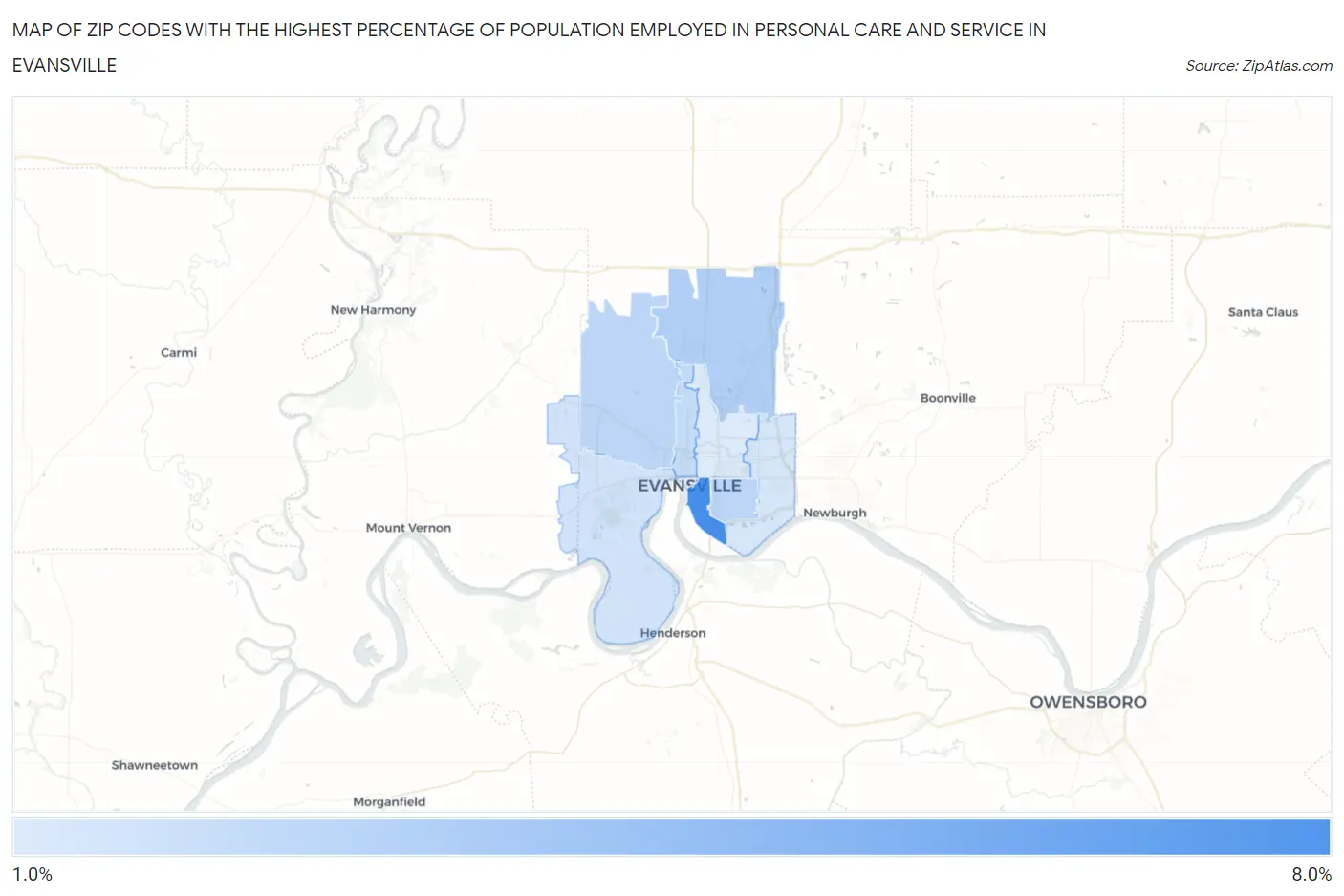 Zip Codes with the Highest Percentage of Population Employed in Personal Care and Service in Evansville Map