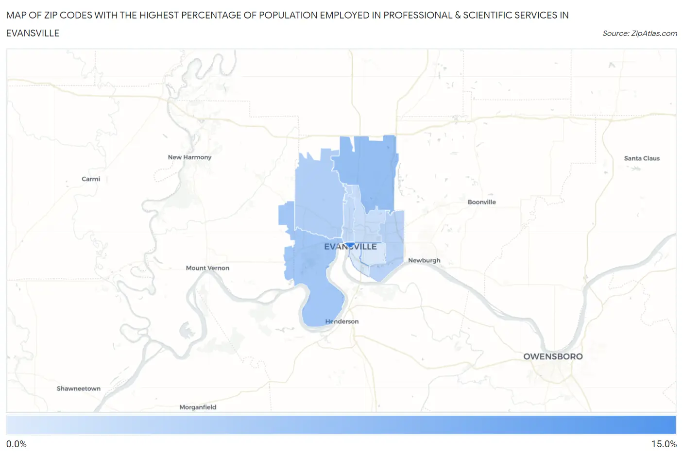 Zip Codes with the Highest Percentage of Population Employed in Professional & Scientific Services in Evansville Map