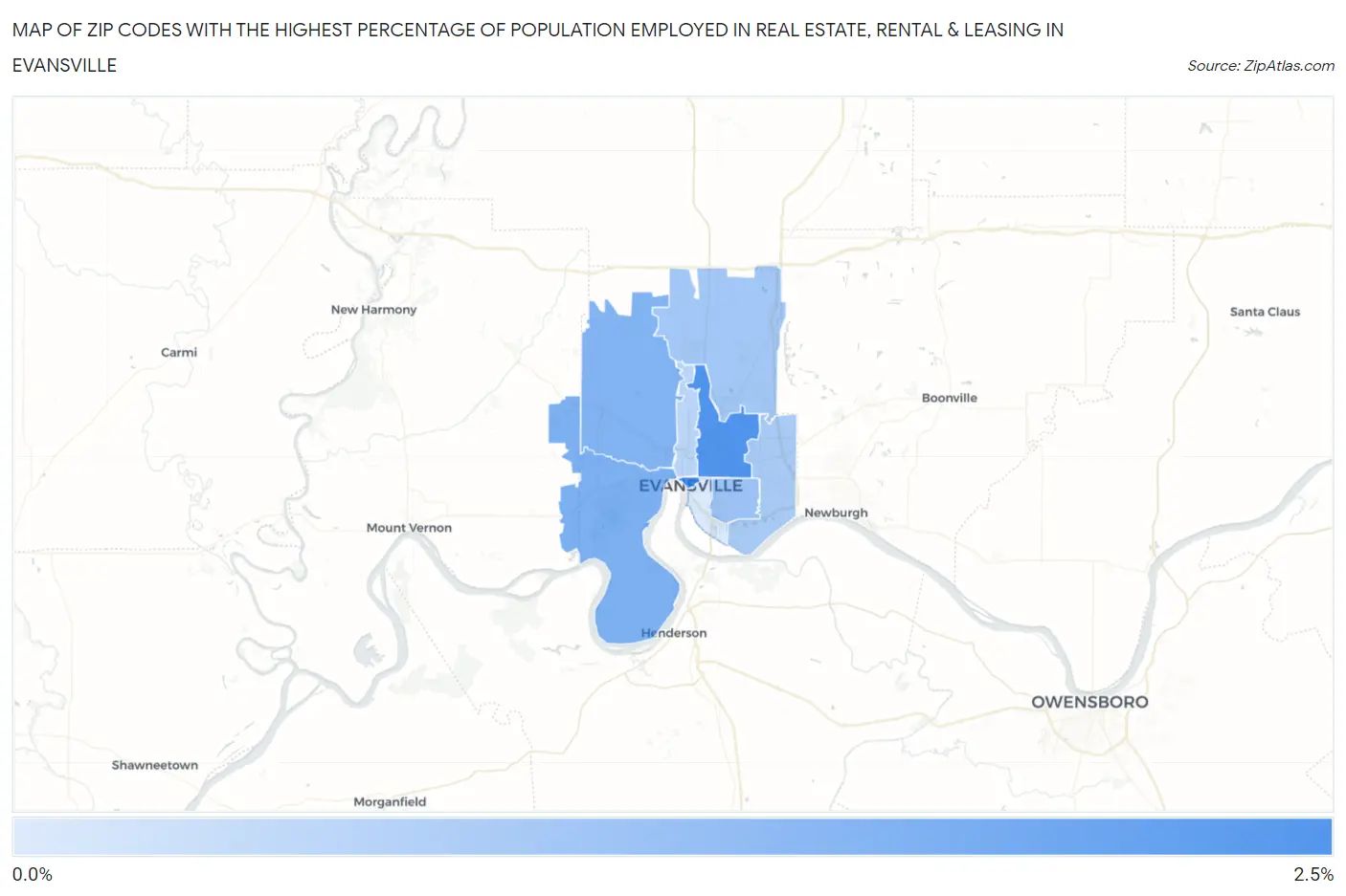 Zip Codes with the Highest Percentage of Population Employed in Real Estate, Rental & Leasing in Evansville Map