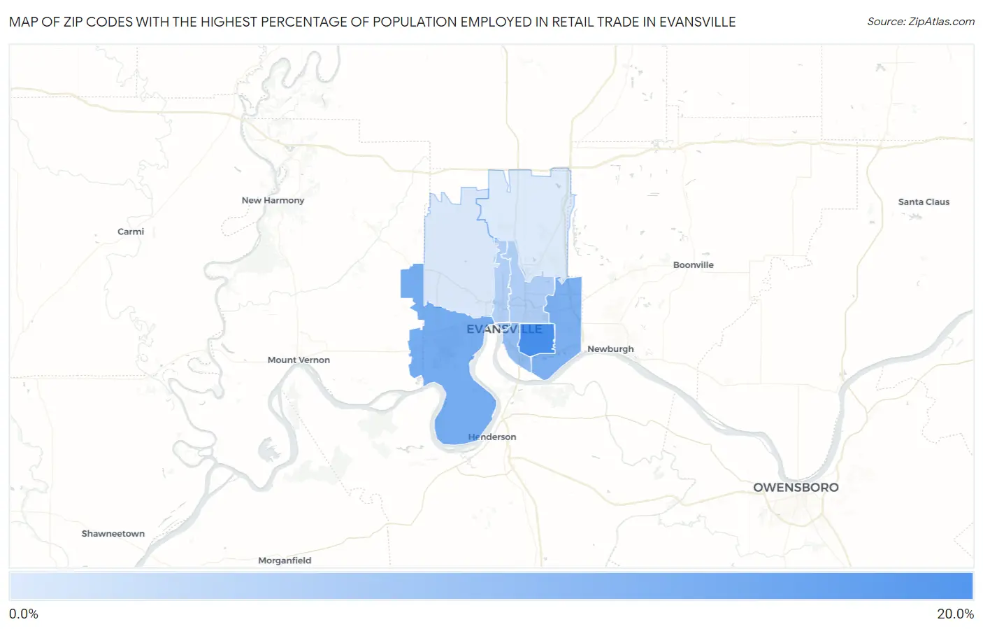 Zip Codes with the Highest Percentage of Population Employed in Retail Trade in Evansville Map