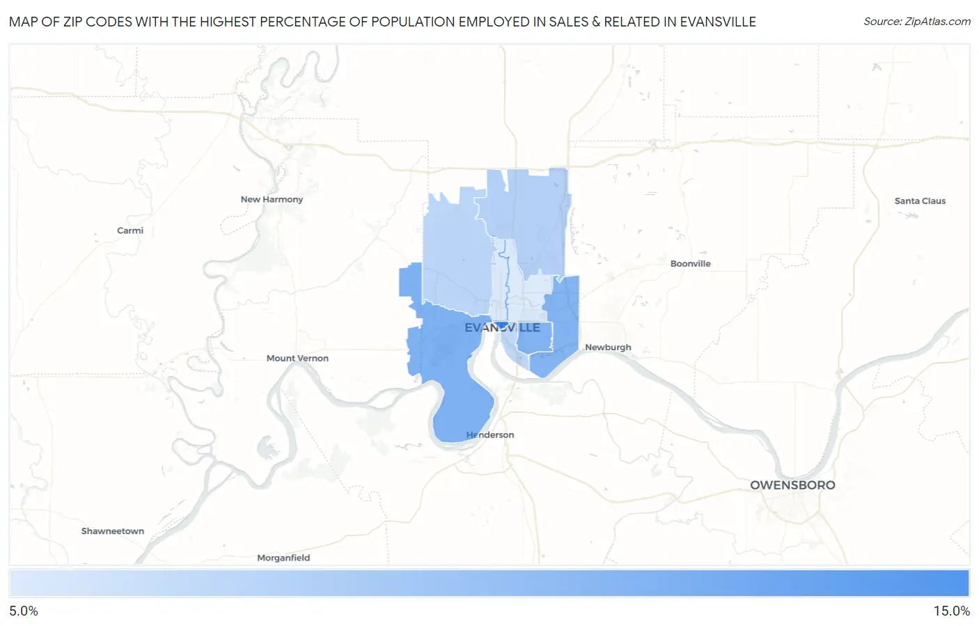Zip Codes with the Highest Percentage of Population Employed in Sales & Related in Evansville Map