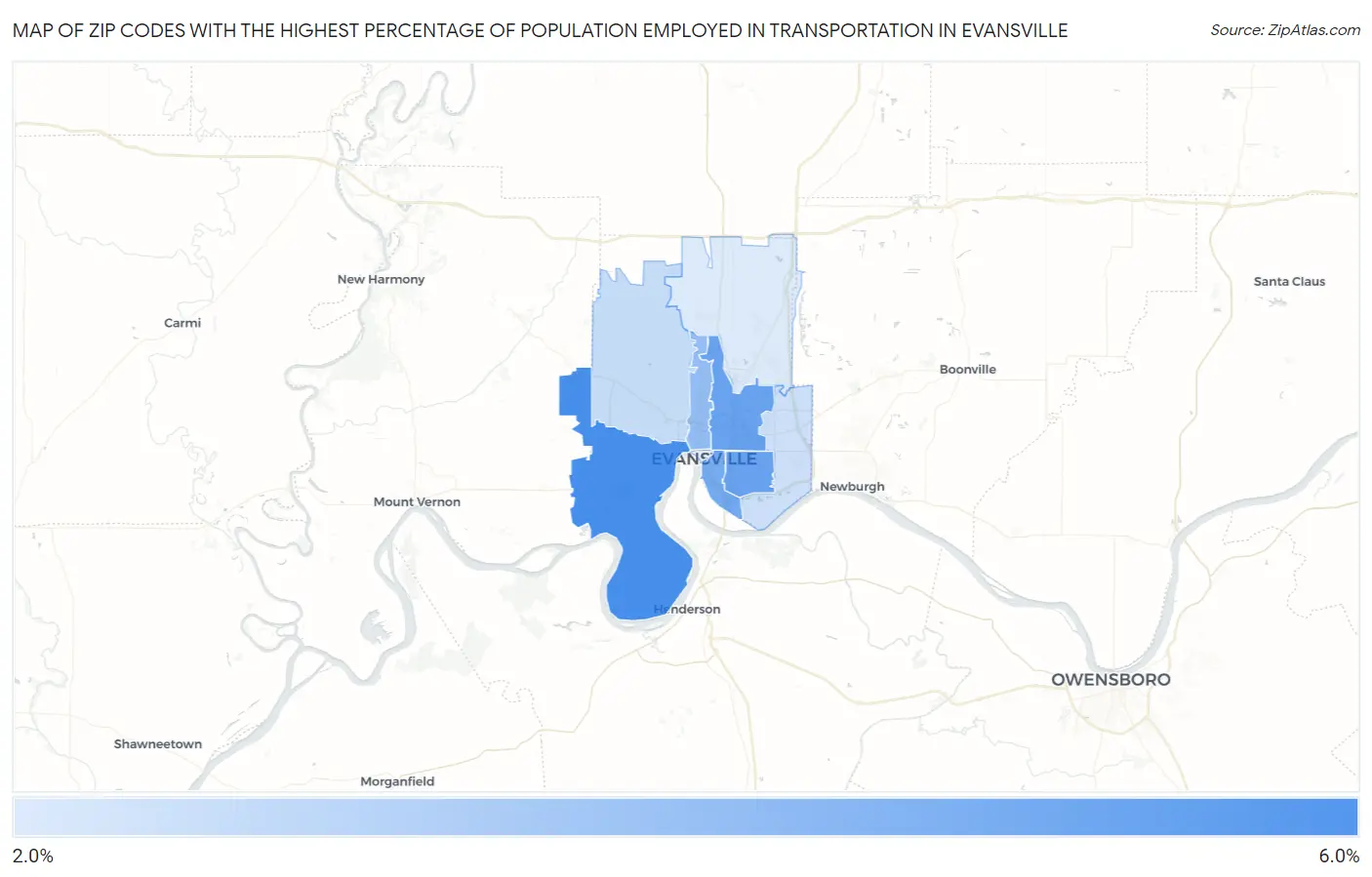 Zip Codes with the Highest Percentage of Population Employed in Transportation in Evansville Map