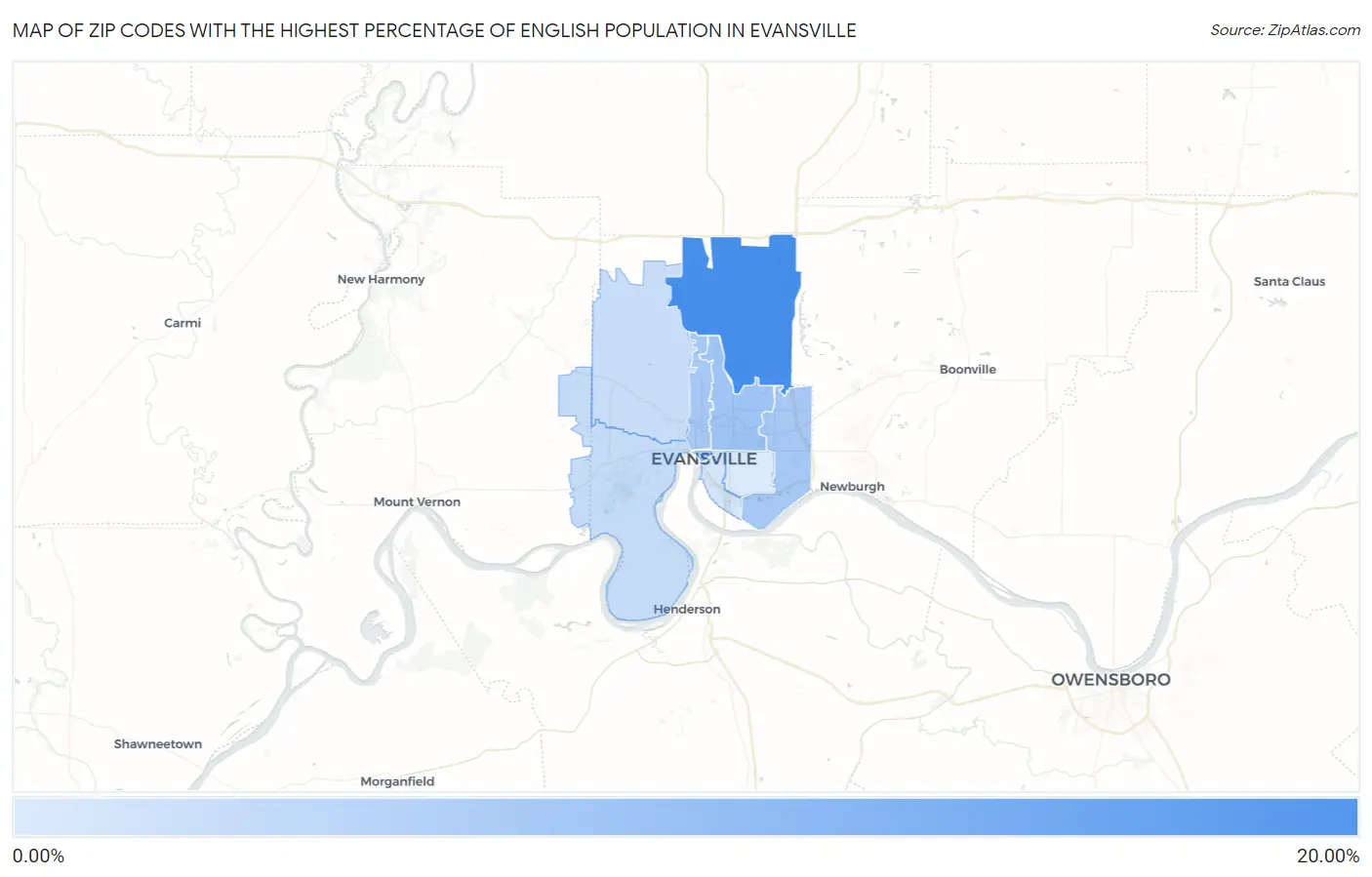 Zip Codes with the Highest Percentage of English Population in Evansville Map
