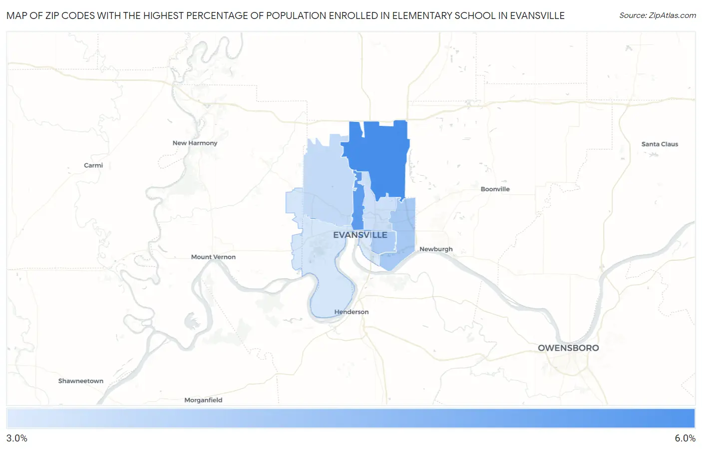 Zip Codes with the Highest Percentage of Population Enrolled in Elementary School in Evansville Map