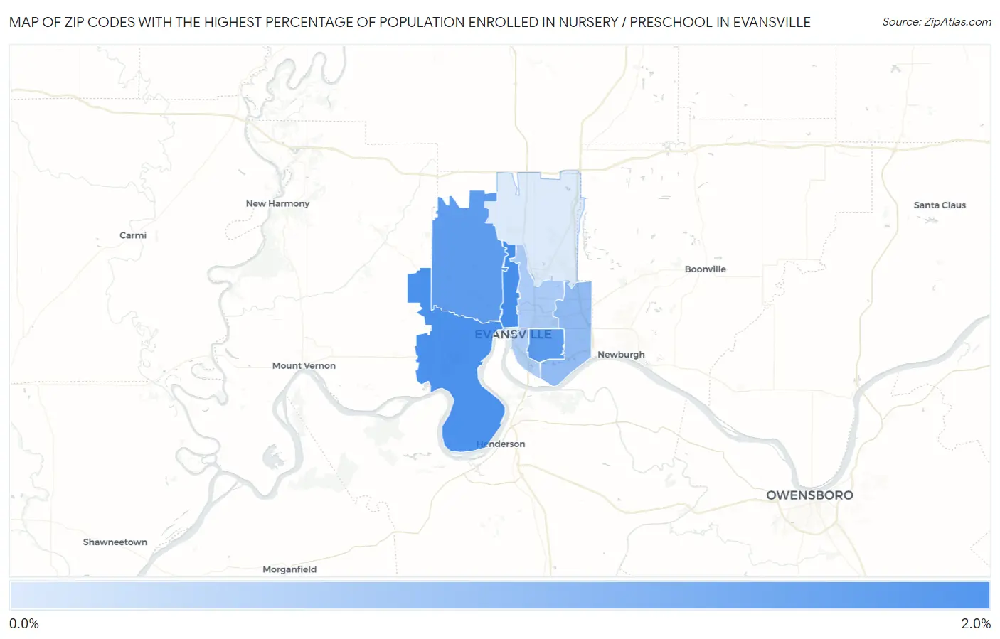 Zip Codes with the Highest Percentage of Population Enrolled in Nursery / Preschool in Evansville Map
