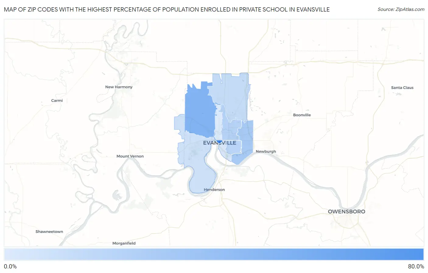 Zip Codes with the Highest Percentage of Population Enrolled in Private School in Evansville Map
