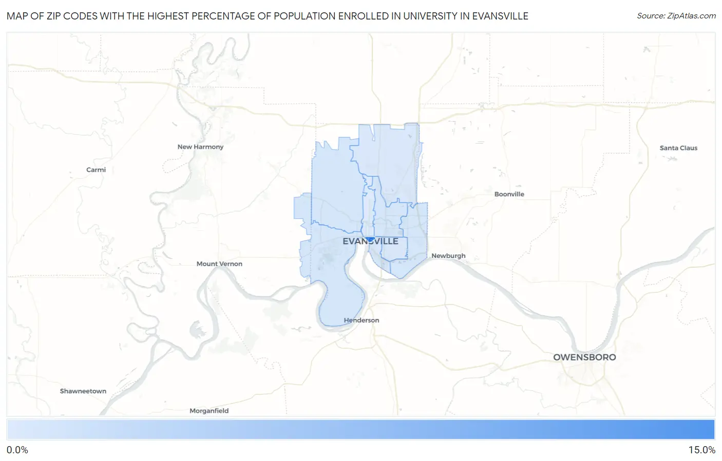 Zip Codes with the Highest Percentage of Population Enrolled in University in Evansville Map