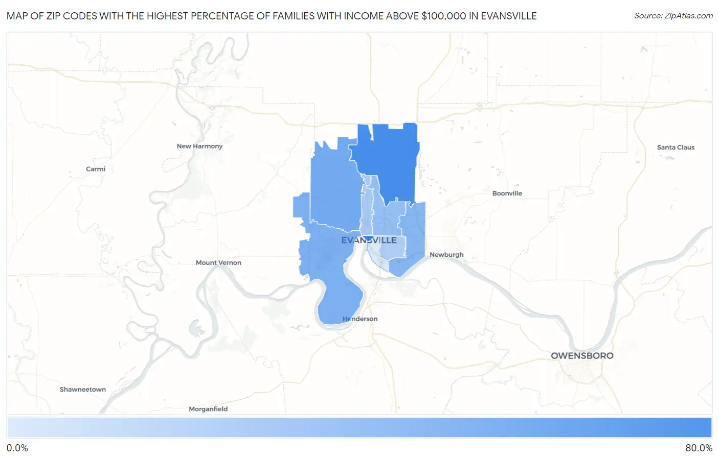 Zip Codes with the Highest Percentage of Families with Income Above $100,000 in Evansville Map