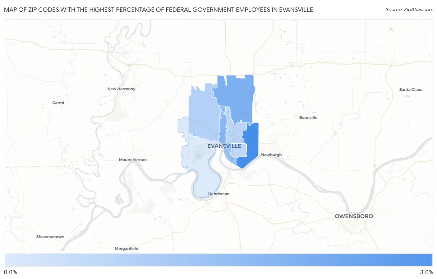 Zip Codes with the Highest Percentage of Federal Government Employees in Evansville Map