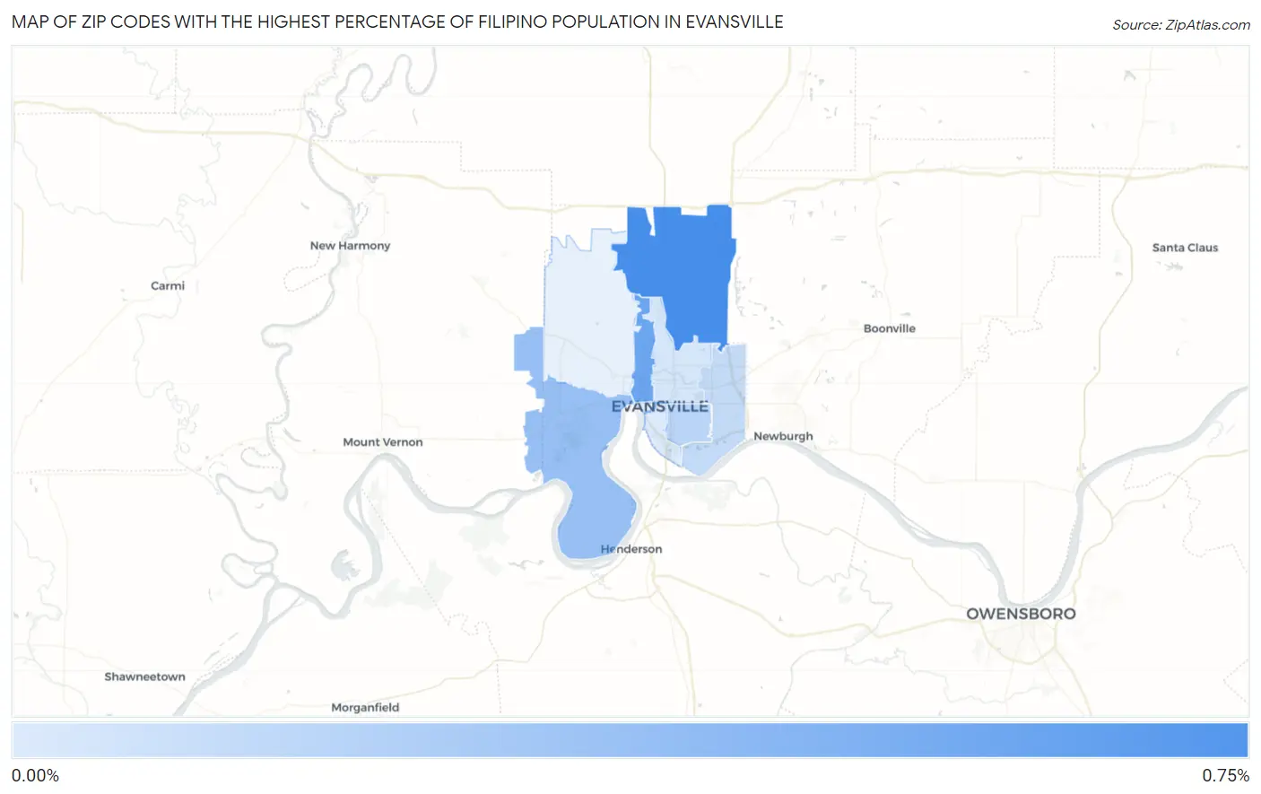Zip Codes with the Highest Percentage of Filipino Population in Evansville Map