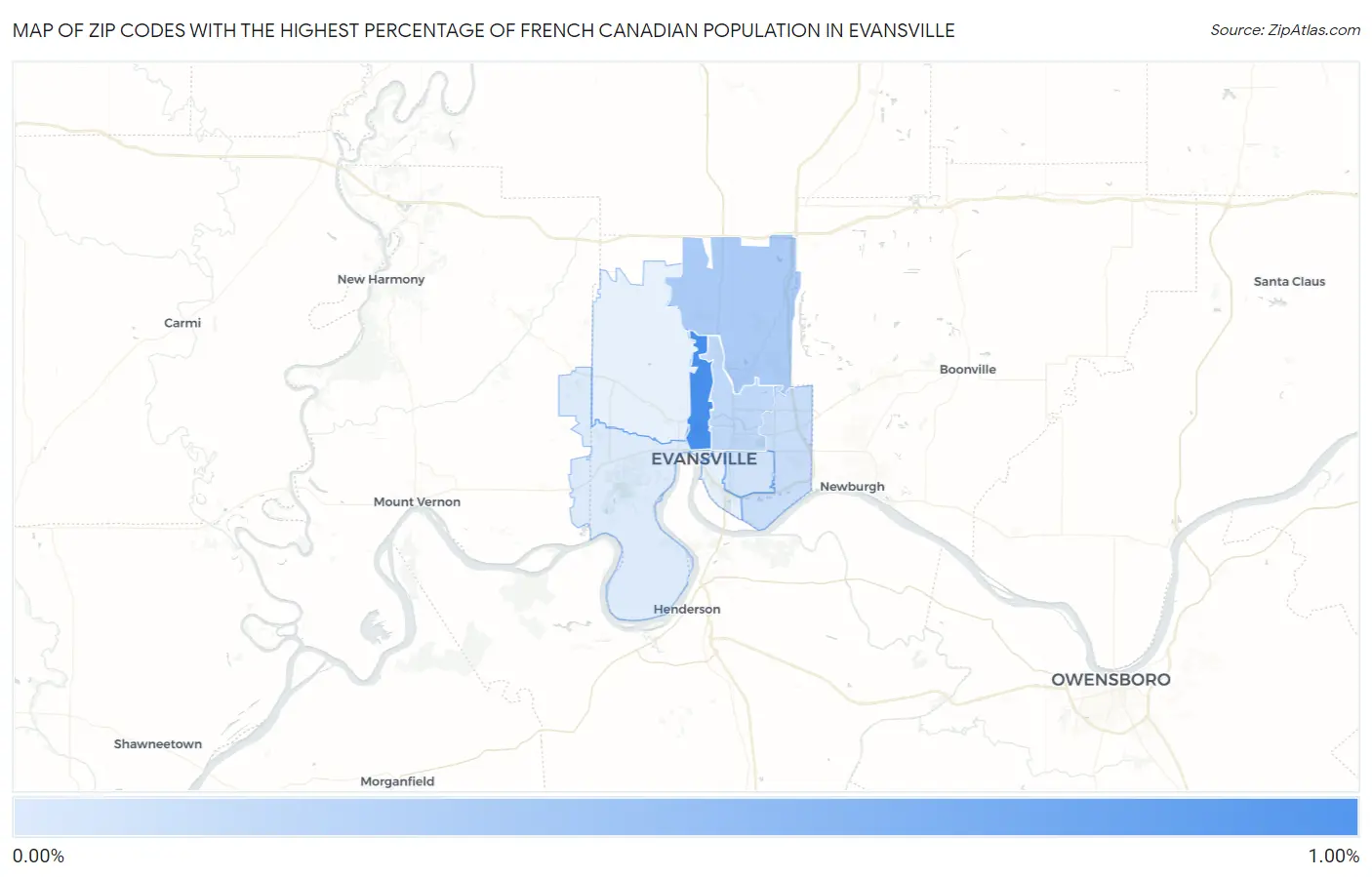 Zip Codes with the Highest Percentage of French Canadian Population in Evansville Map