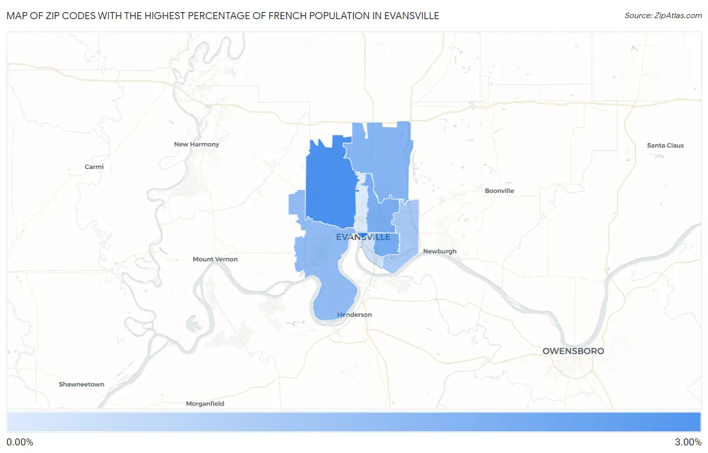 Zip Codes with the Highest Percentage of French Population in Evansville Map