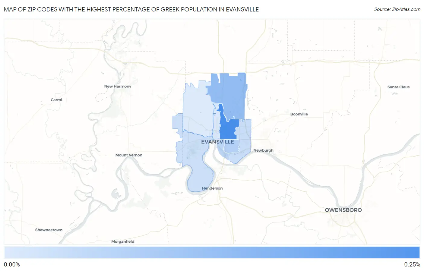 Zip Codes with the Highest Percentage of Greek Population in Evansville Map