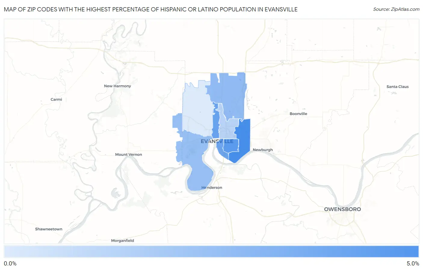Zip Codes with the Highest Percentage of Hispanic or Latino Population in Evansville Map