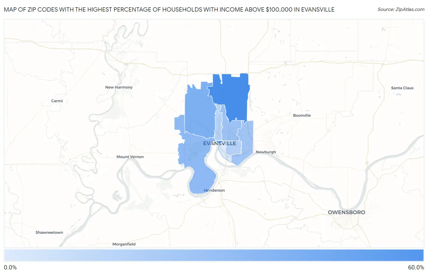 Zip Codes with the Highest Percentage of Households with Income Above $100,000 in Evansville Map