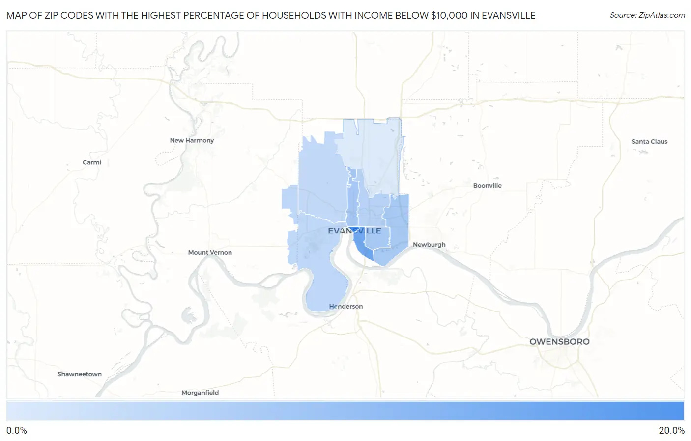 Zip Codes with the Highest Percentage of Households with Income Below $10,000 in Evansville Map