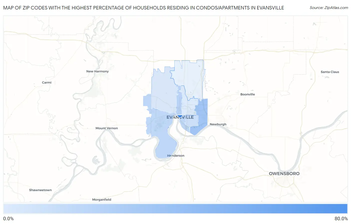 Zip Codes with the Highest Percentage of Households Residing in Condos/Apartments in Evansville Map
