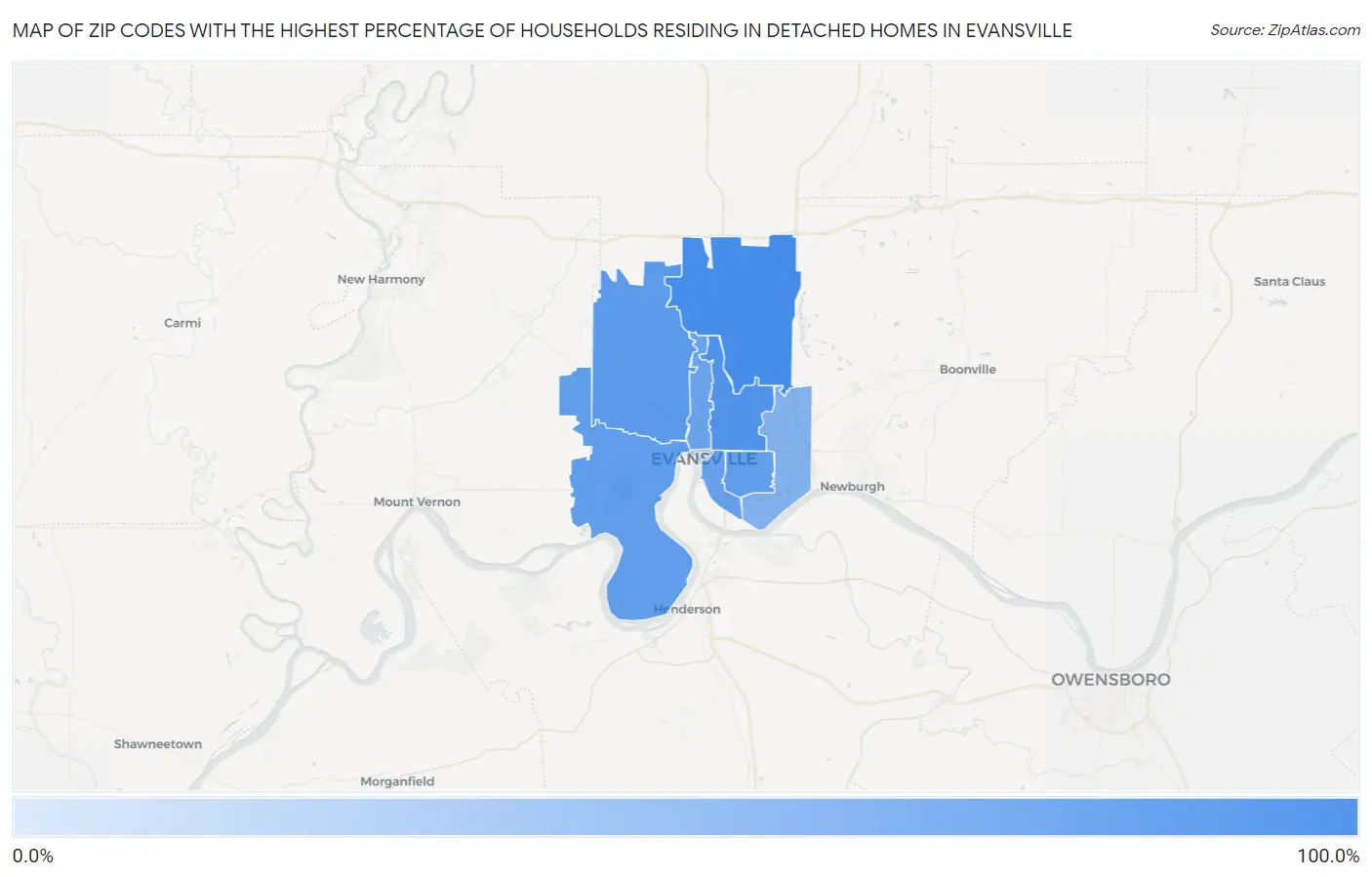 Zip Codes with the Highest Percentage of Households Residing in Detached Homes in Evansville Map