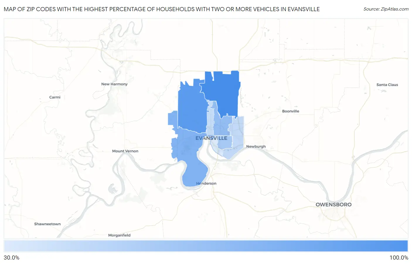 Zip Codes with the Highest Percentage of Households With Two or more Vehicles in Evansville Map
