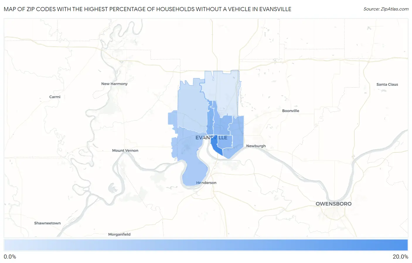 Zip Codes with the Highest Percentage of Households Without a Vehicle in Evansville Map