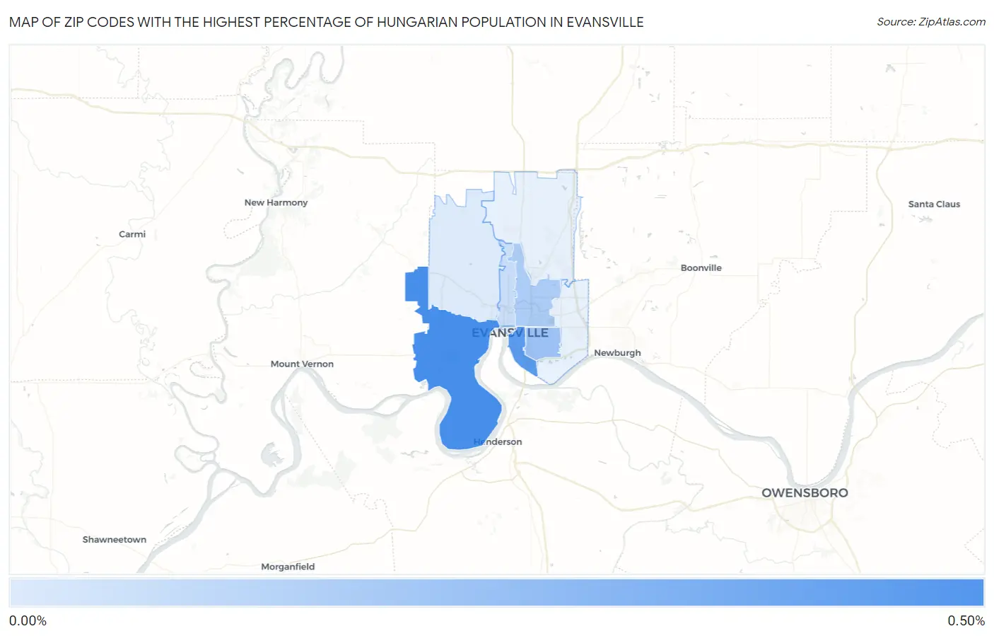Zip Codes with the Highest Percentage of Hungarian Population in Evansville Map