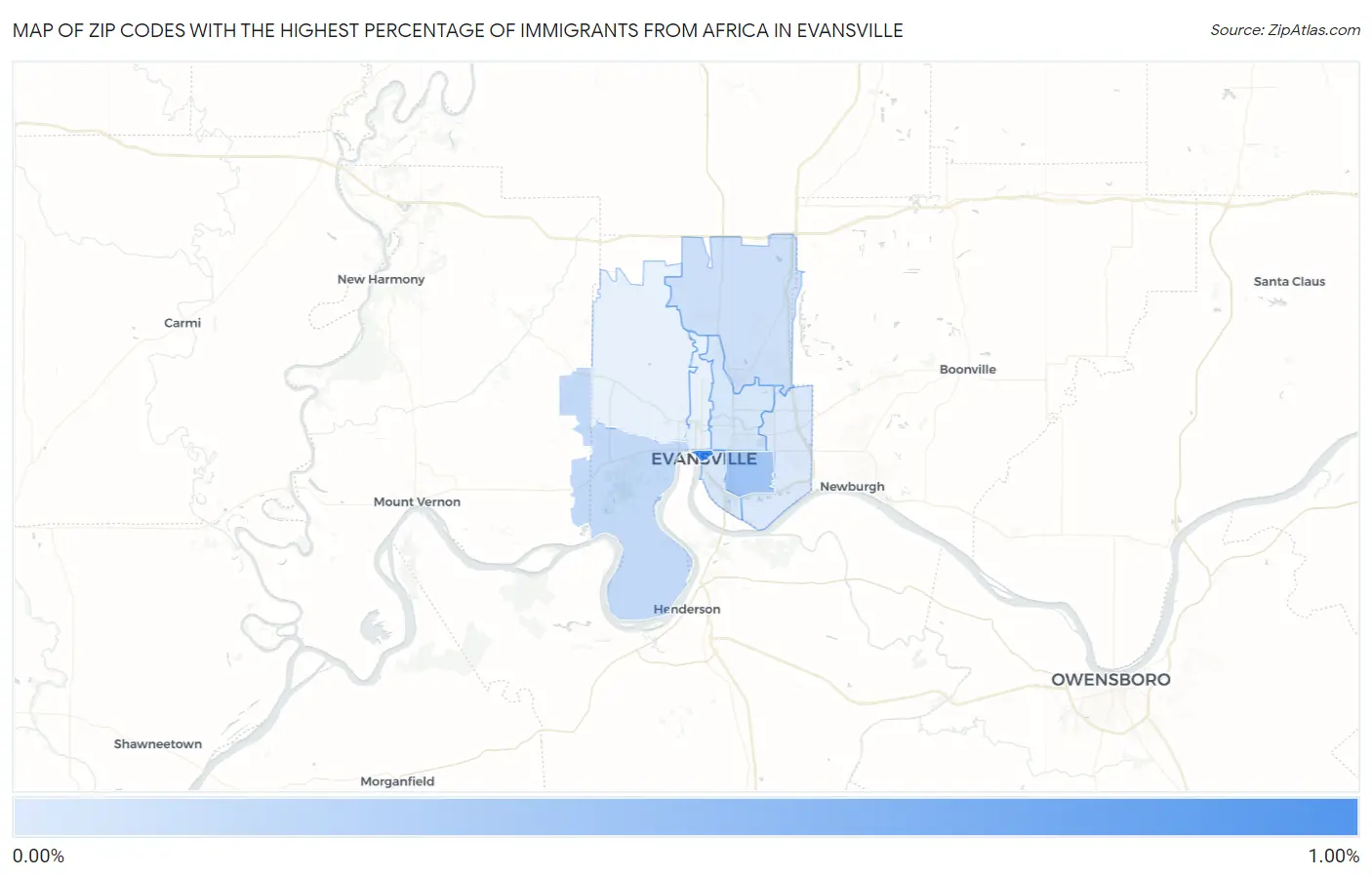Zip Codes with the Highest Percentage of Immigrants from Africa in Evansville Map