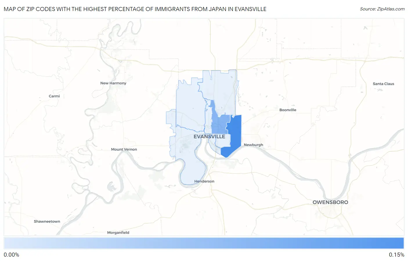 Zip Codes with the Highest Percentage of Immigrants from Japan in Evansville Map