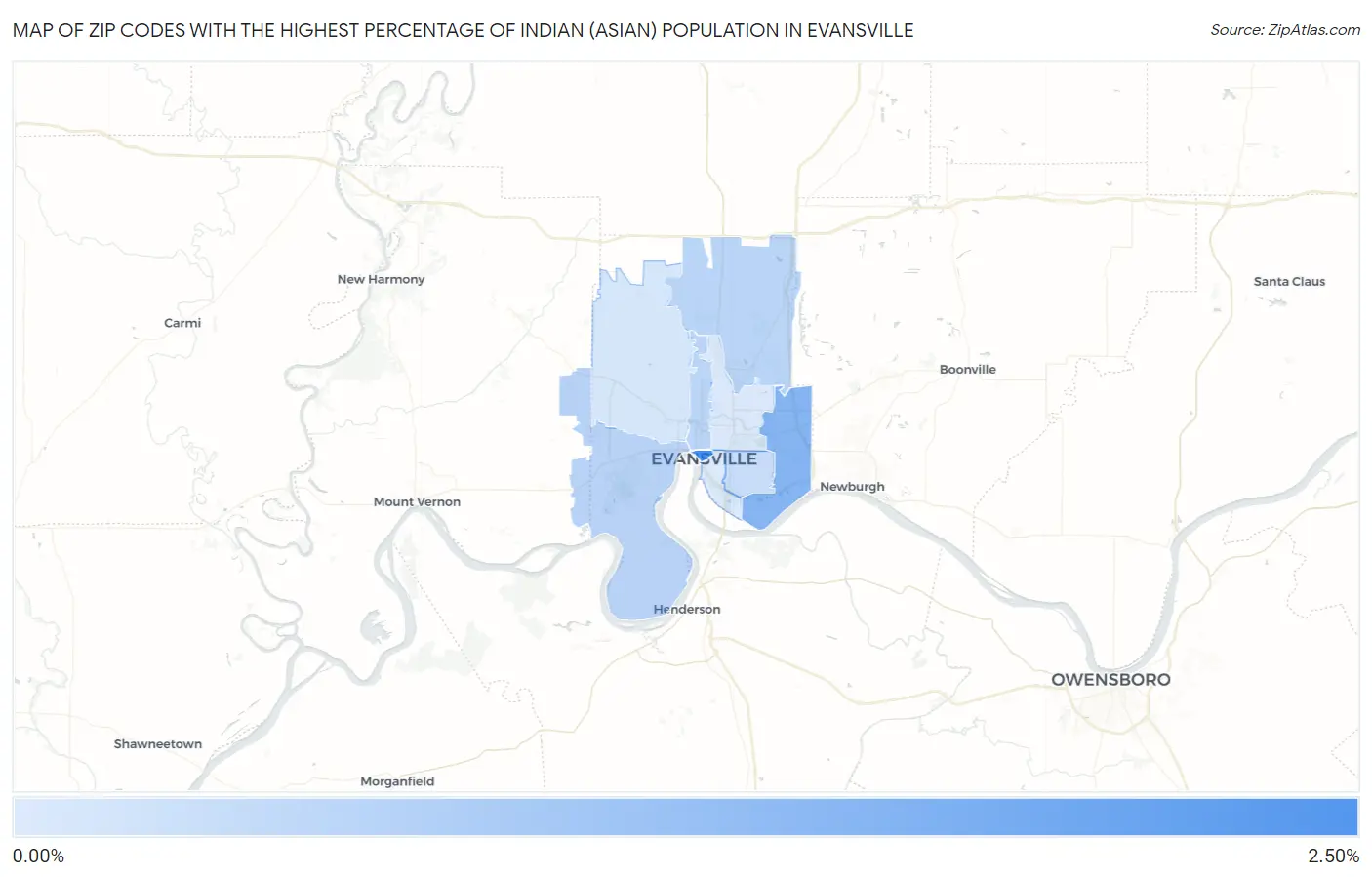 Zip Codes with the Highest Percentage of Indian (Asian) Population in Evansville Map