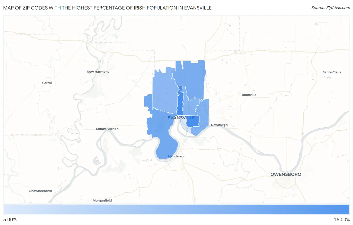 Zip Codes with the Highest Percentage of Irish Population in Evansville Map