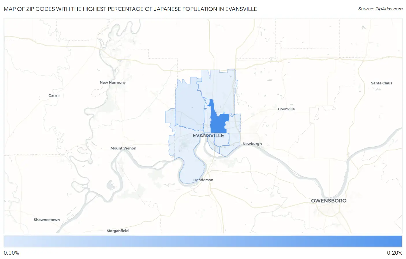 Zip Codes with the Highest Percentage of Japanese Population in Evansville Map