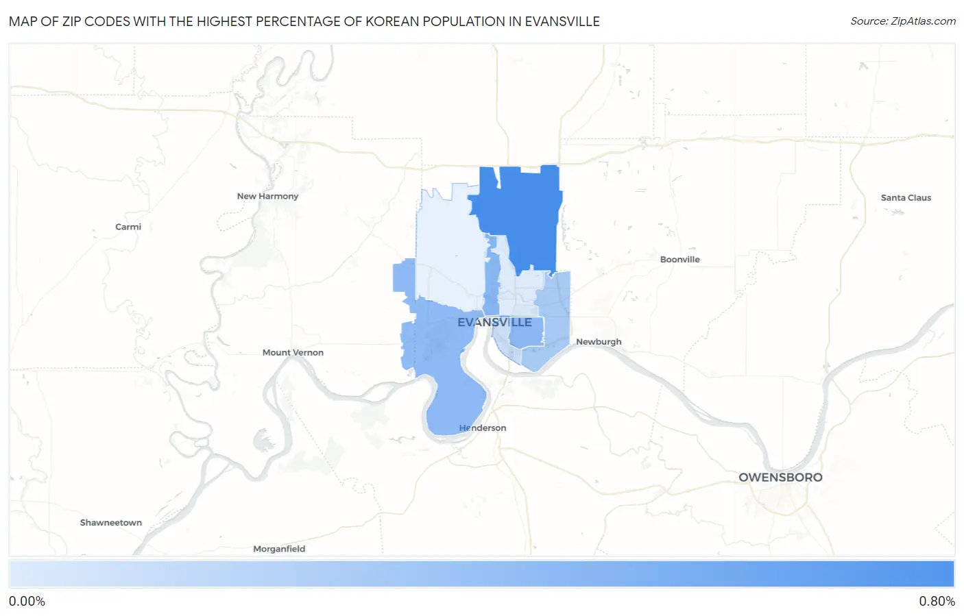Zip Codes with the Highest Percentage of Korean Population in Evansville Map