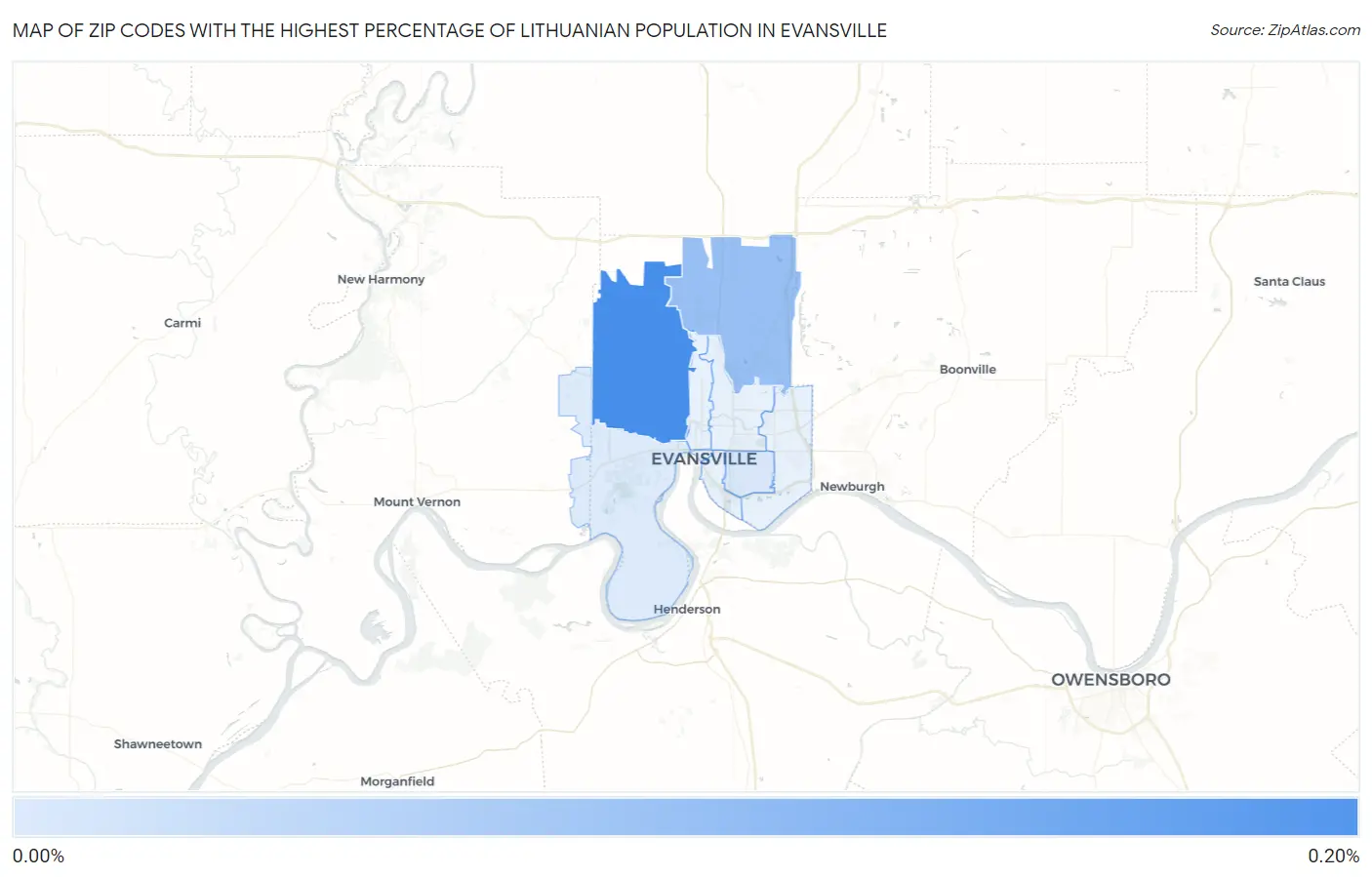 Zip Codes with the Highest Percentage of Lithuanian Population in Evansville Map