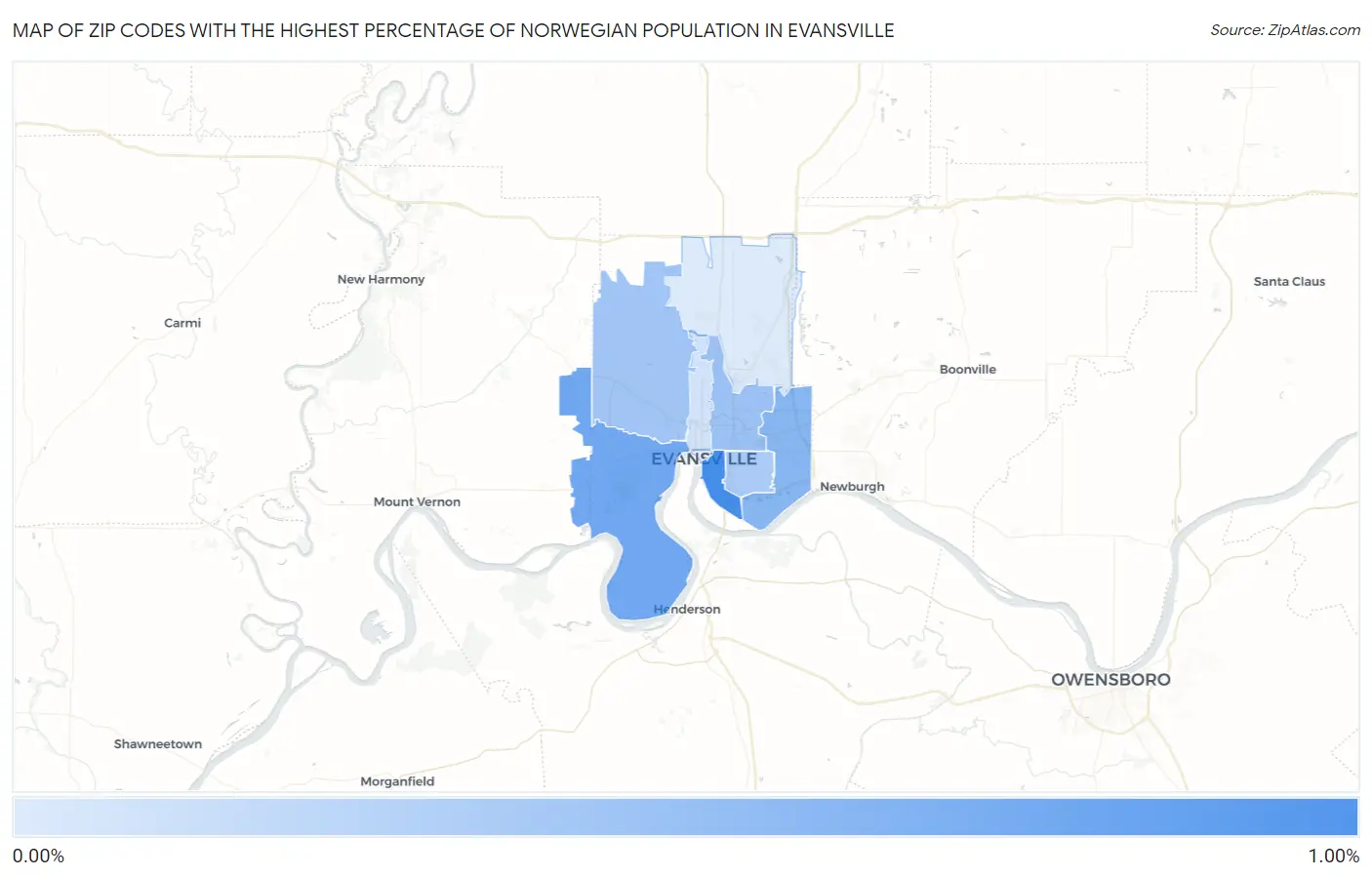 Zip Codes with the Highest Percentage of Norwegian Population in Evansville Map