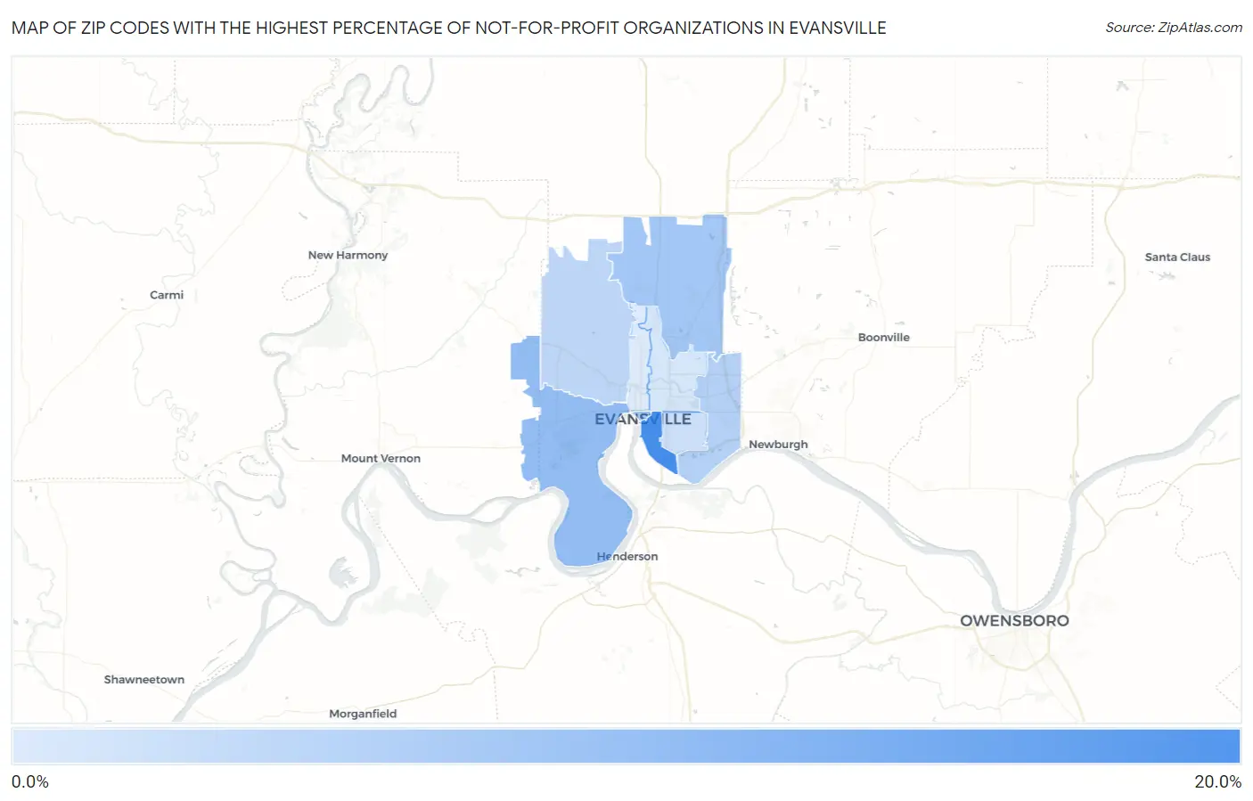 Zip Codes with the Highest Percentage of Not-for-profit Organizations in Evansville Map