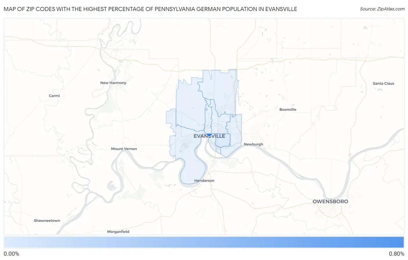 Zip Codes with the Highest Percentage of Pennsylvania German Population in Evansville Map