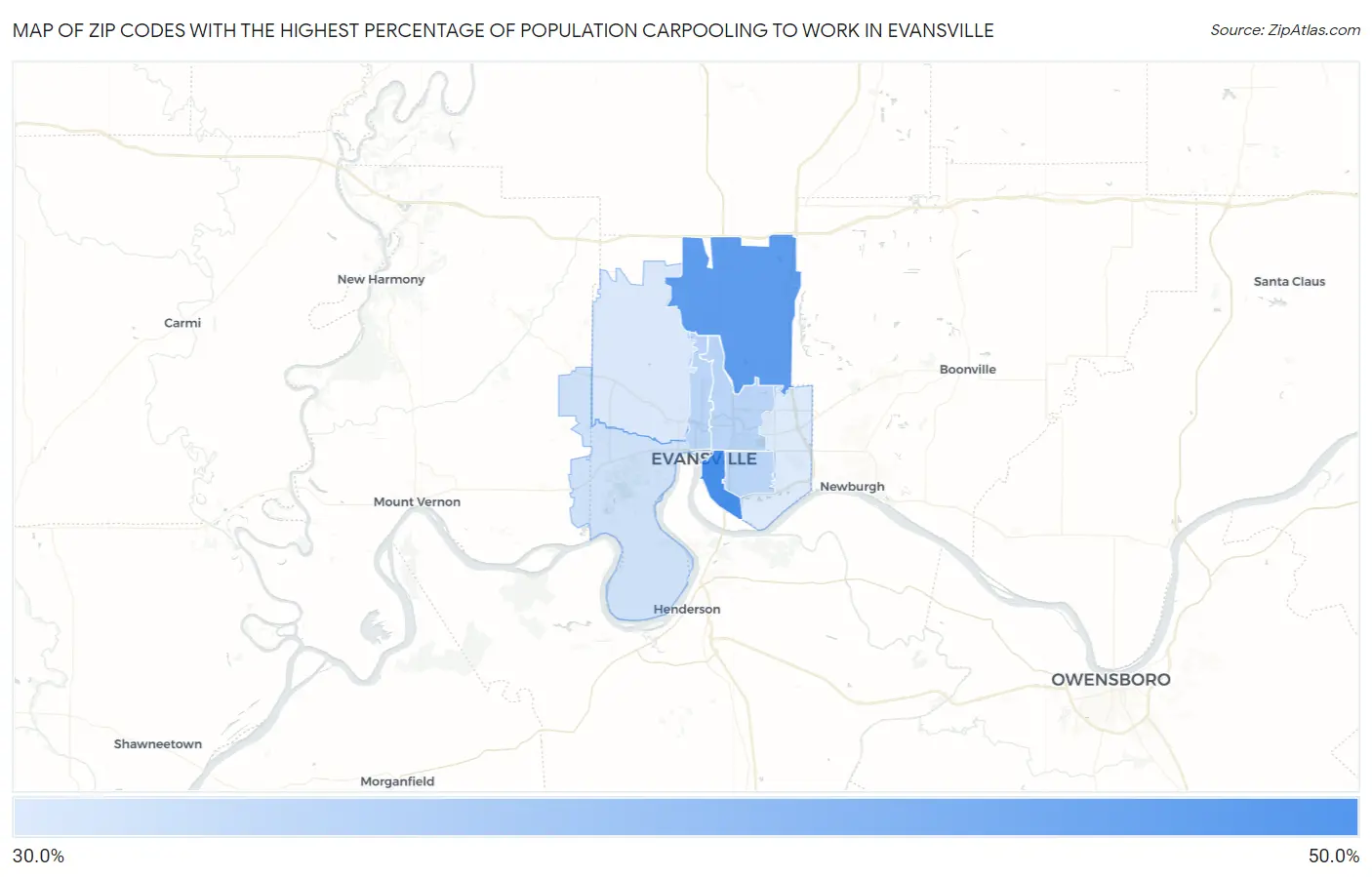 Zip Codes with the Highest Percentage of Population Carpooling to Work in Evansville Map