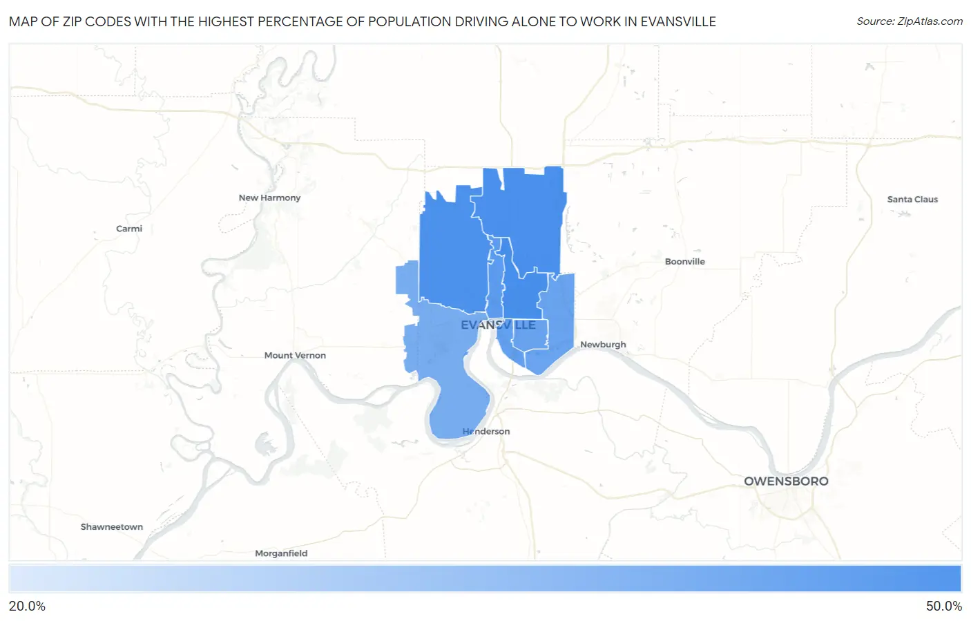 Zip Codes with the Highest Percentage of Population Driving Alone to Work in Evansville Map