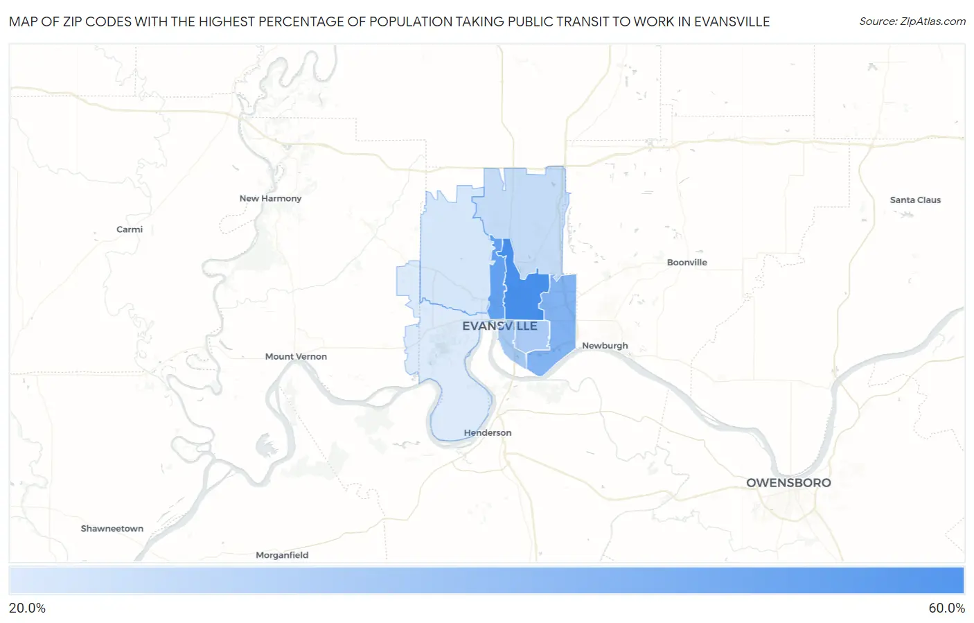 Zip Codes with the Highest Percentage of Population Taking Public Transit to Work in Evansville Map
