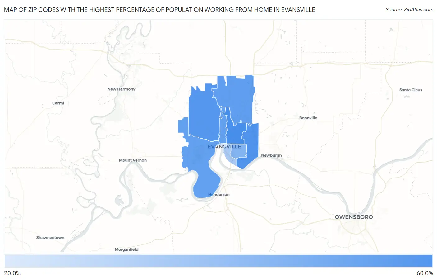Zip Codes with the Highest Percentage of Population Working from Home in Evansville Map
