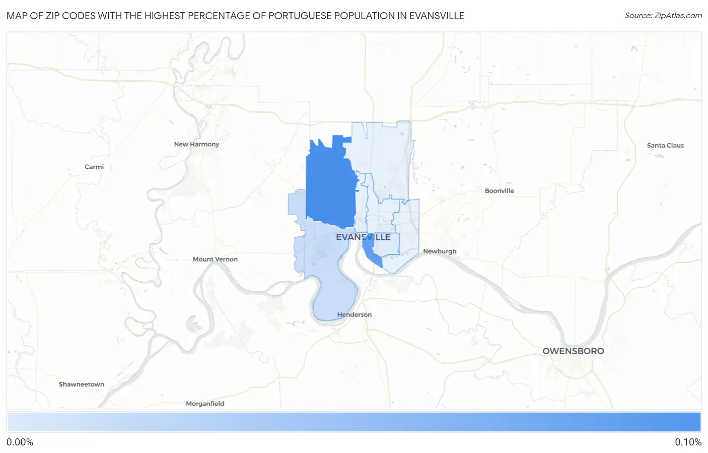 Zip Codes with the Highest Percentage of Portuguese Population in Evansville Map