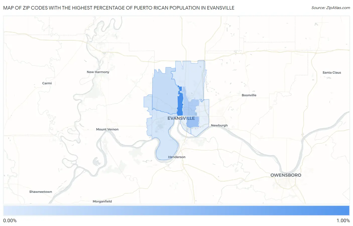 Zip Codes with the Highest Percentage of Puerto Rican Population in Evansville Map