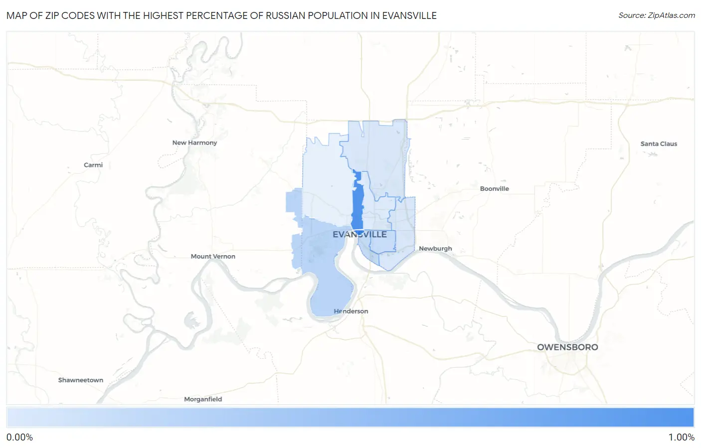 Zip Codes with the Highest Percentage of Russian Population in Evansville Map