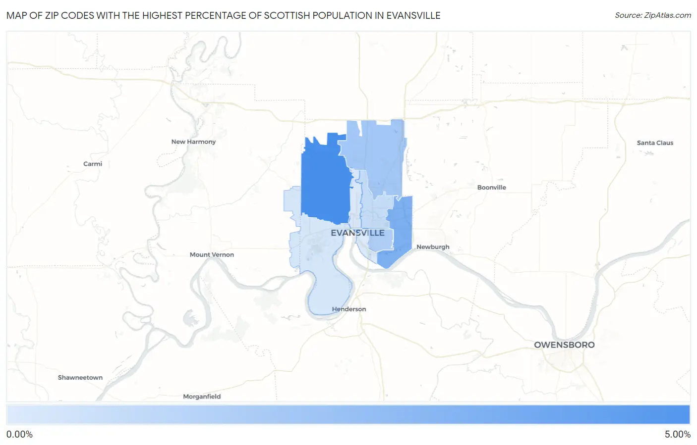 Zip Codes with the Highest Percentage of Scottish Population in Evansville Map