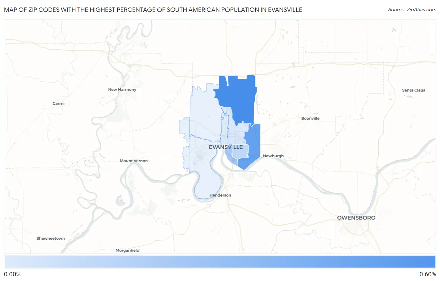 Zip Codes with the Highest Percentage of South American Population in Evansville Map